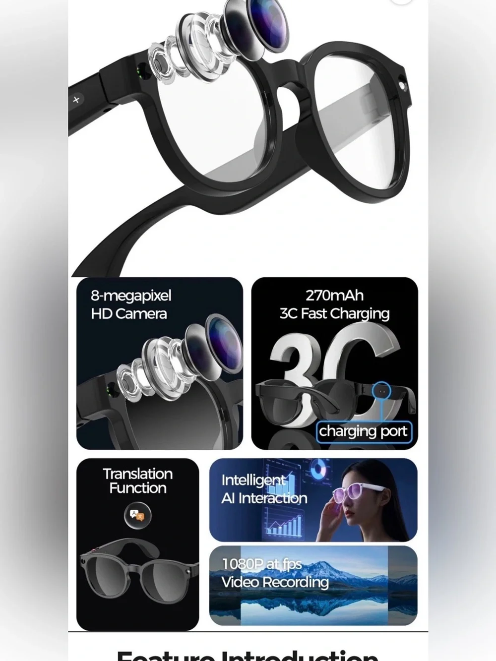 Ai Glasses 4K Hidden Camera Sunglasses - Black
